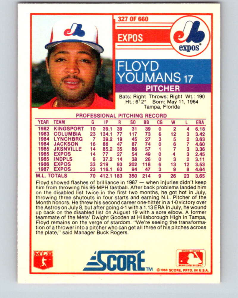 1988 Score #327 Floyd Youmans Mint Montreal Expos Image 2