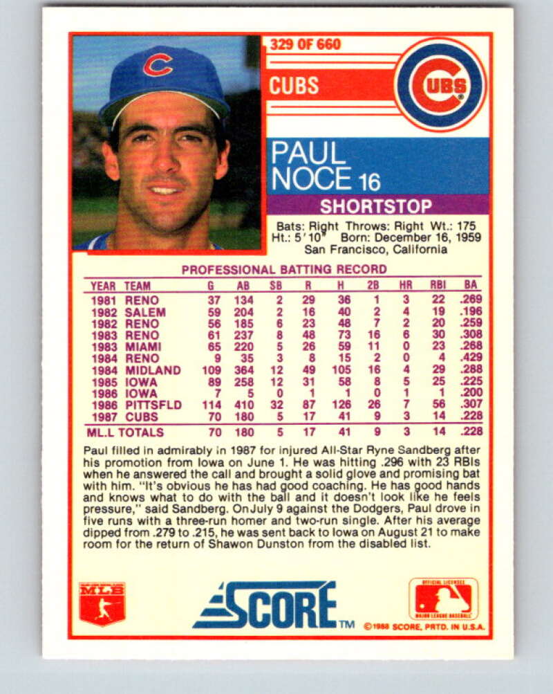 1988 Score #329 Paul Noce Mint RC Rookie Chicago Cubs Image 2