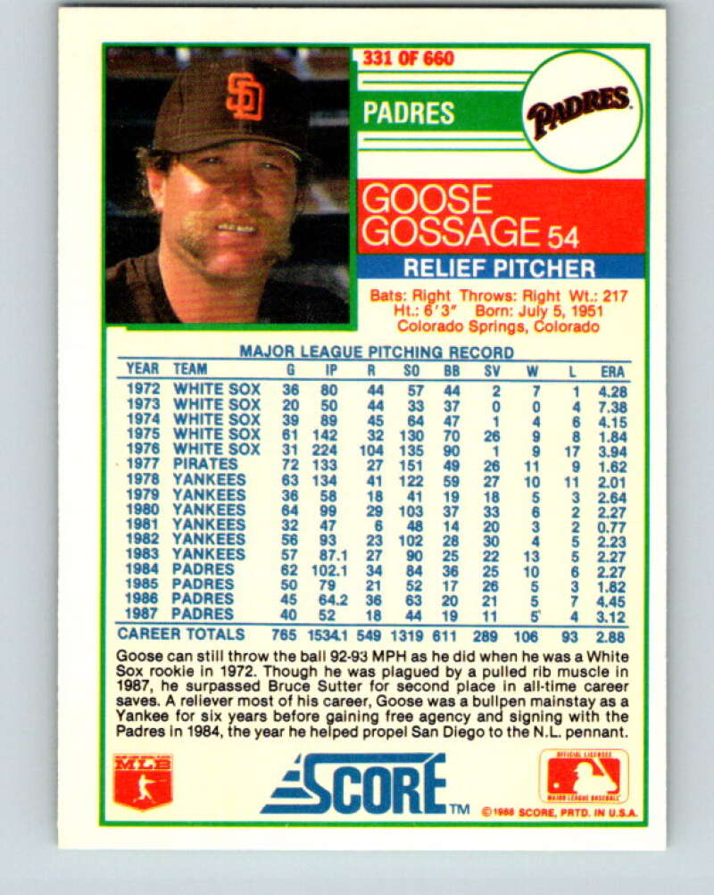 1988 Score #331 Rich Gossage Mint San Diego Padres Image 2