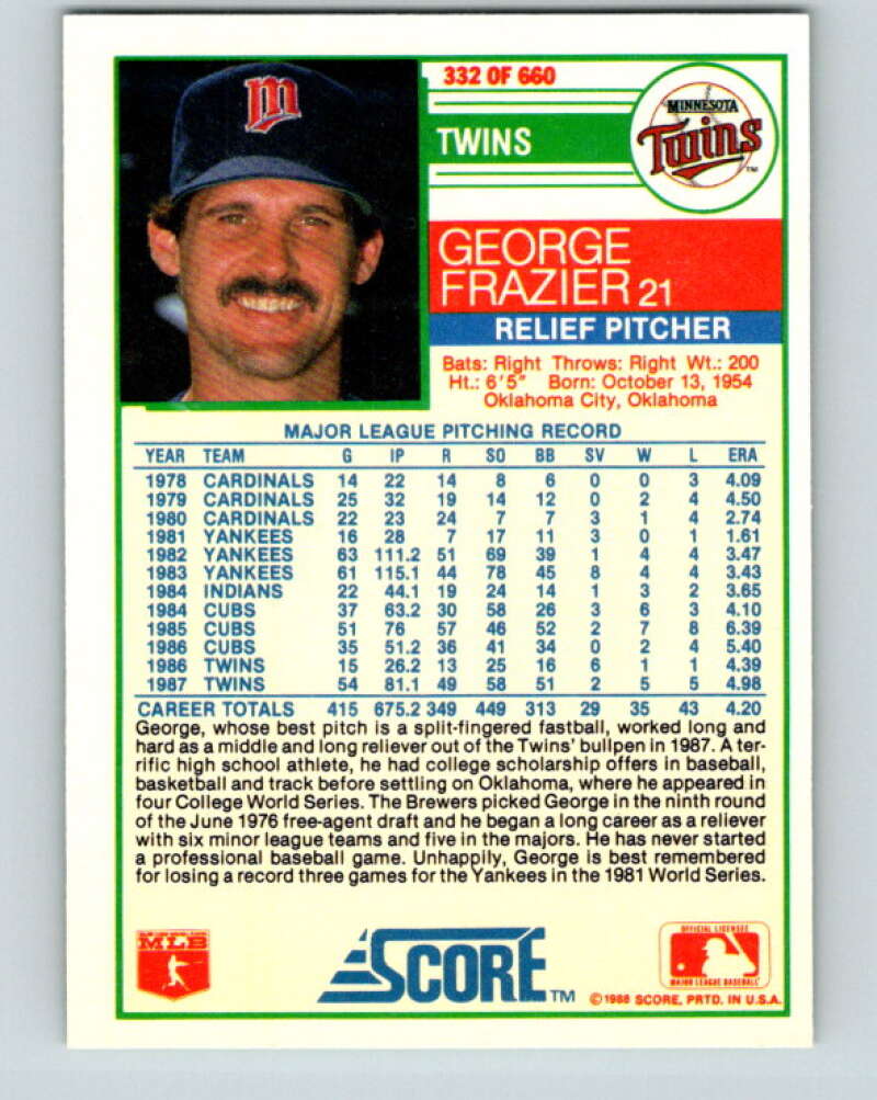 1988 Score #332 George Frazier Mint Minnesota Twins Image 2