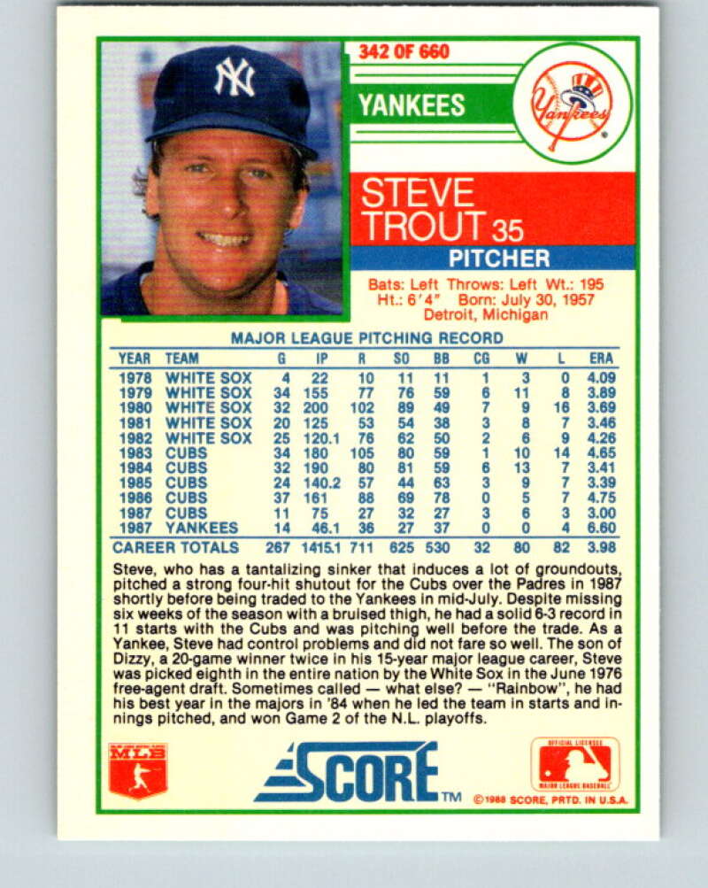 1988 Score #342 Steve Trout Mint New York Yankees Image 2