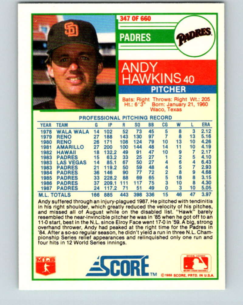 1988 Score #347 Andy Hawkins Mint San Diego Padres Image 2