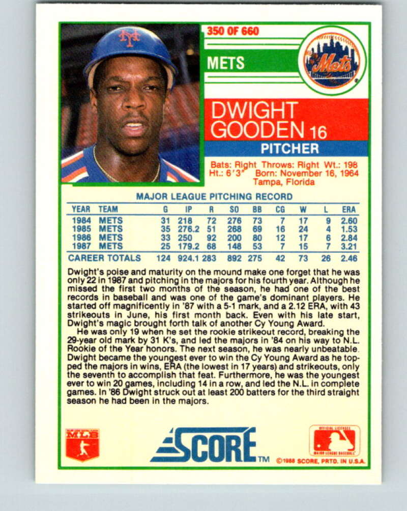 1988 Score #350 Dwight Gooden Mint New York Mets Image 2