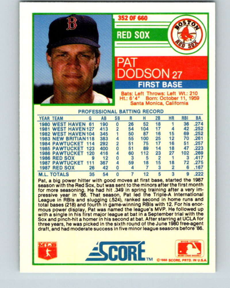 1988 Score #352 Pat Dodson Mint Boston Red Sox Image 2