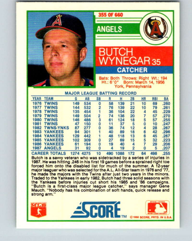 1988 Score #355 Butch Wynegar Mint California Angels Image 2