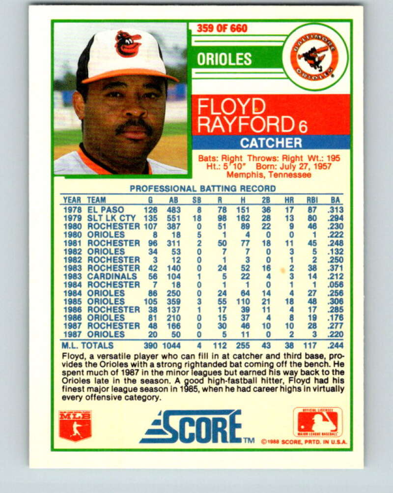 1988 Score #359 Floyd Rayford Mint Baltimore Orioles Image 2