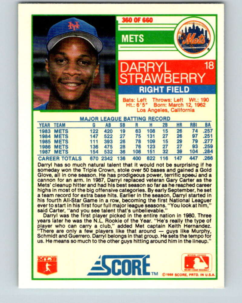 1988 Score #360 Darryl Strawberry Mint New York Mets Image 2