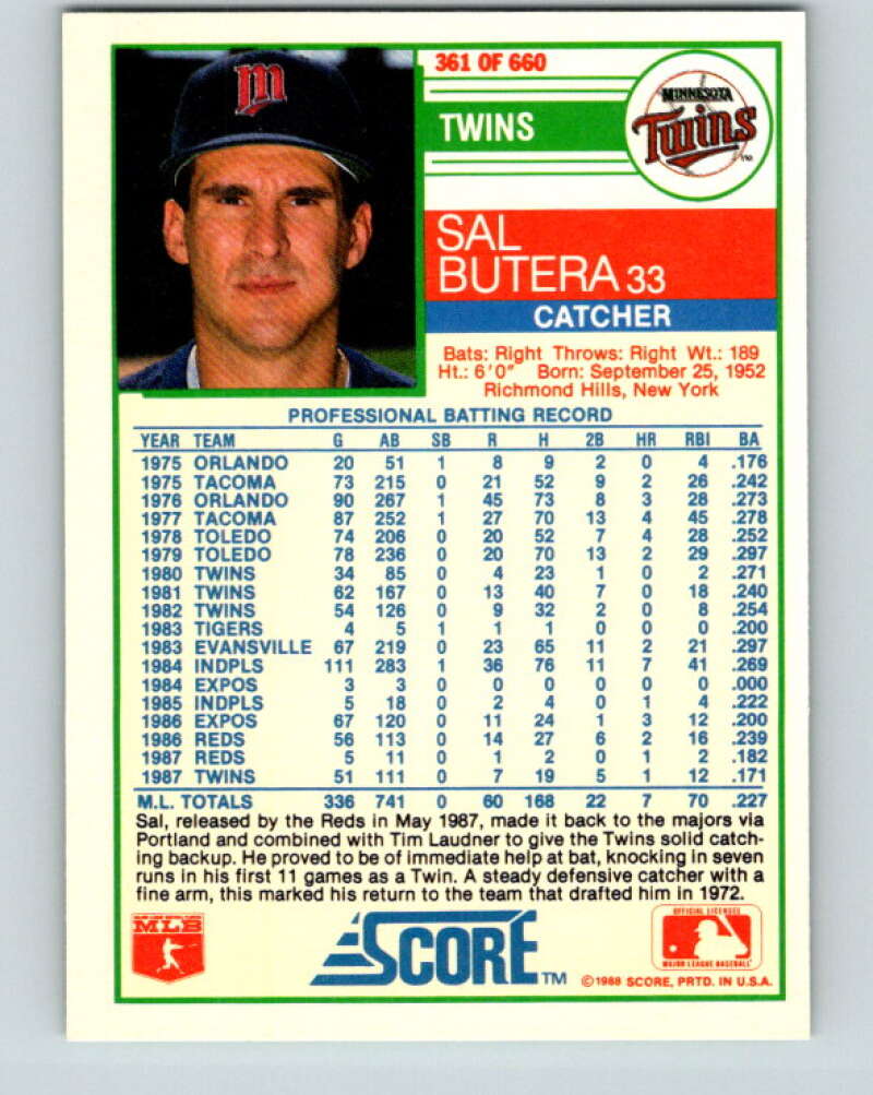 1988 Score #361 Sal Butera Mint Minnesota Twins Image 2