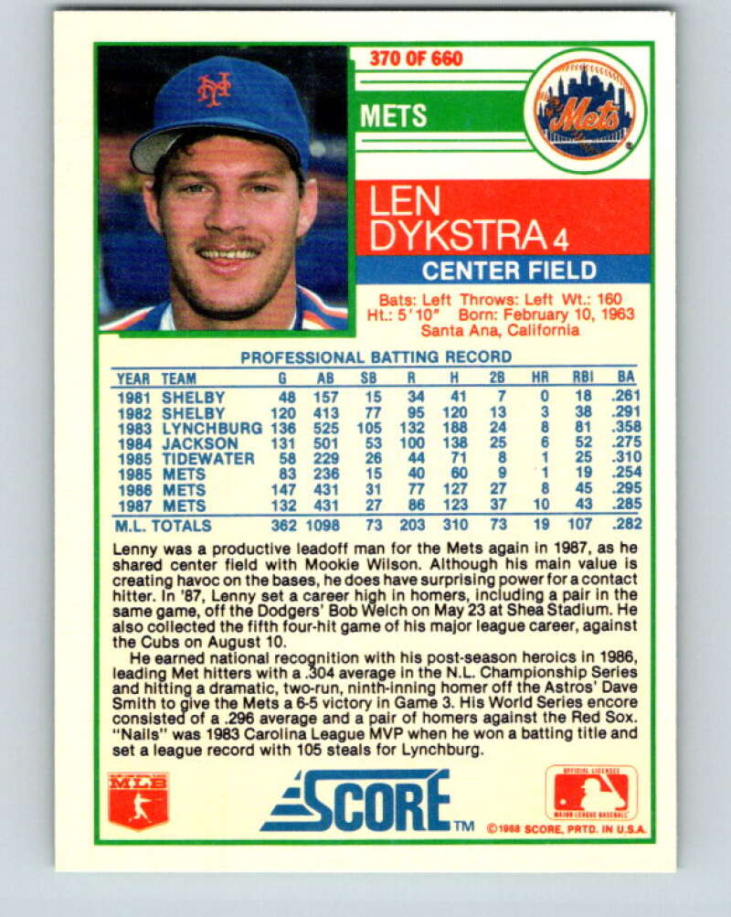 1988 Score #370 Lenny Dykstra Mint New York Mets Image 2