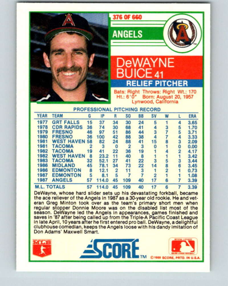 1988 Score #376 De Wayne Buice Mint RC Rookie California Angels Image 2