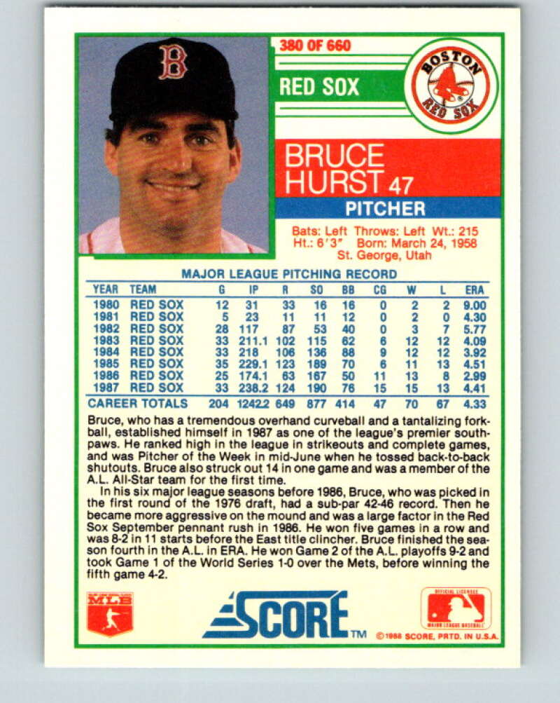 1988 Score #380 Bruce Hurst Mint Boston Red Sox Image 2