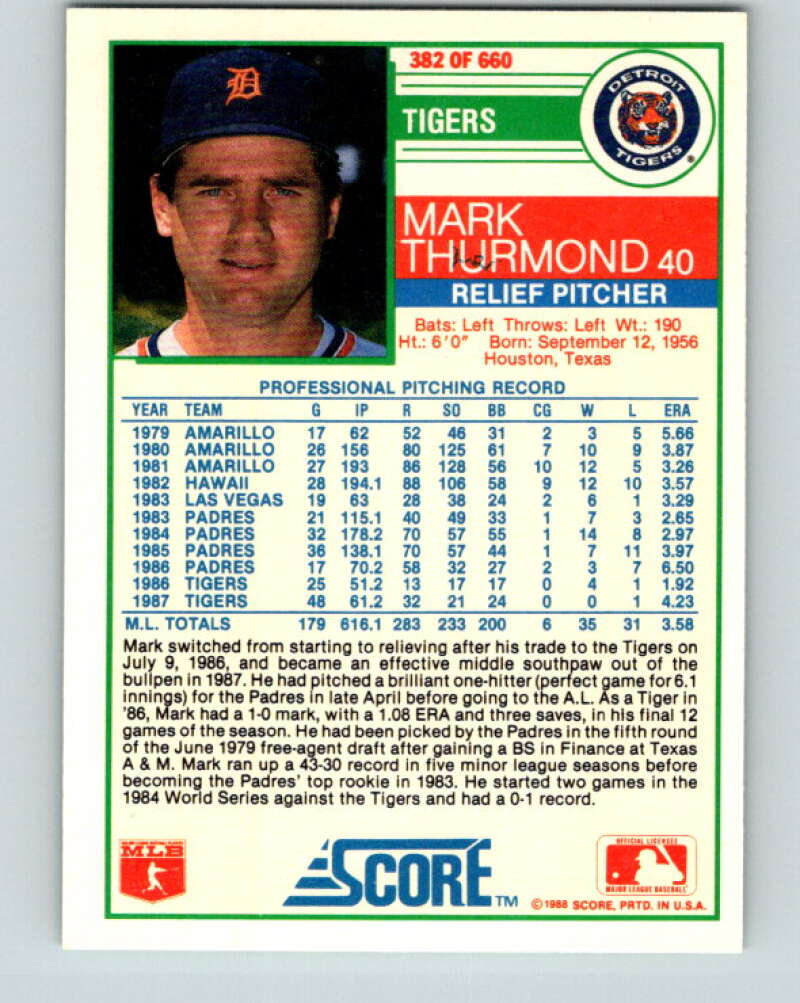 1988 Score #382 Mark Thurmond Mint Detroit Tigers Image 2