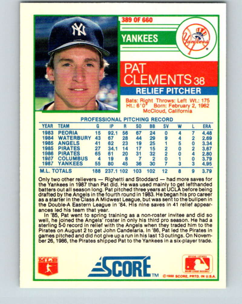 1988 Score #389 Pat Clements Mint New York Yankees Image 2