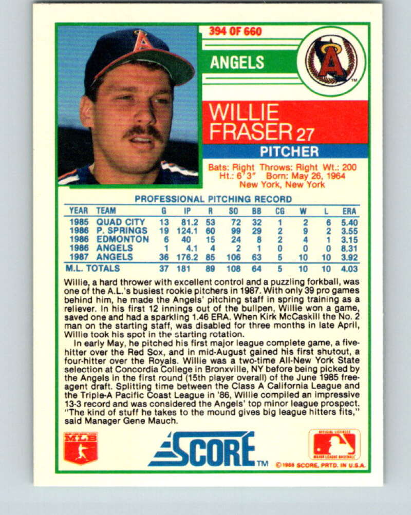 1988 Score #394 Willie Fraser Mint California Angels Image 2