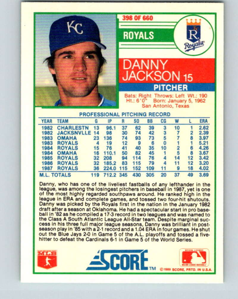1988 Score #398 Danny Jackson Mint Kansas City Royals Image 2