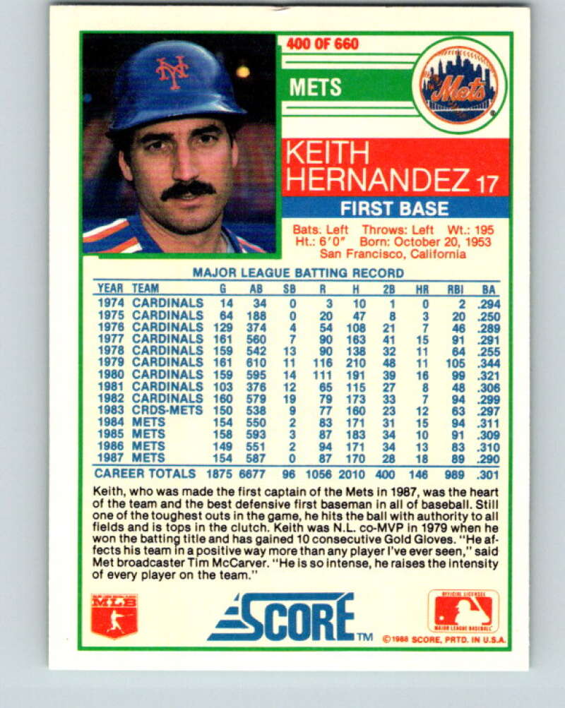 1988 Score #400 Keith Hernandez Mint New York Mets Image 2
