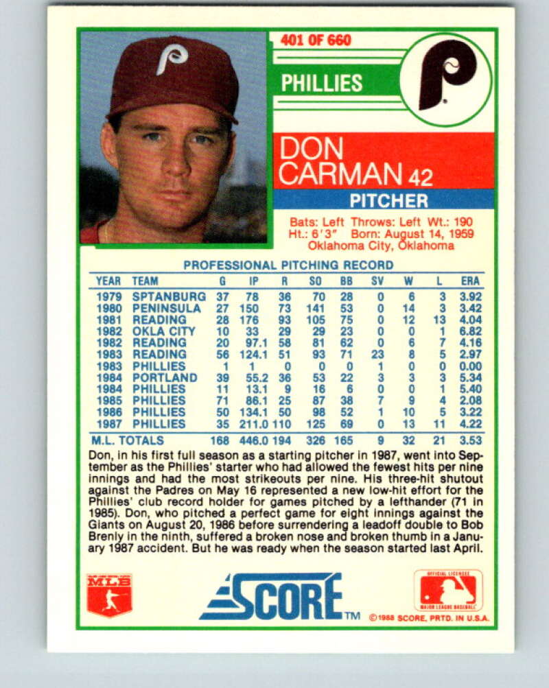 1988 Score #401 Don Carman Mint Philadelphia Phillies Image 2