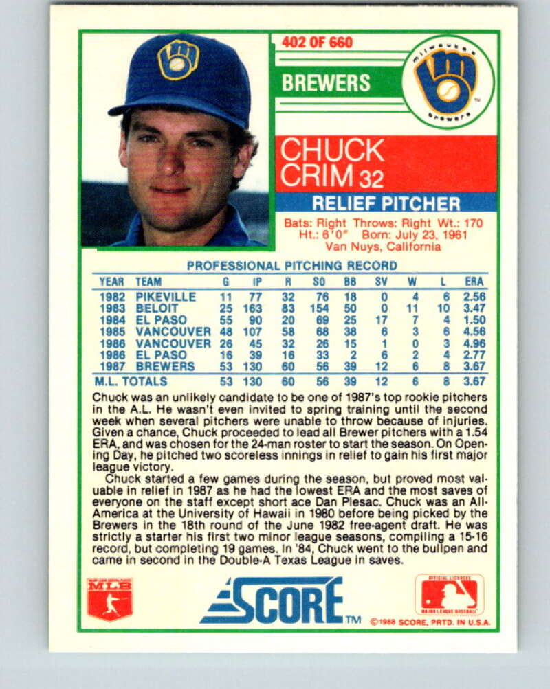 1988 Score #402 Chuck Crim Mint RC Rookie Milwaukee Brewers Image 2