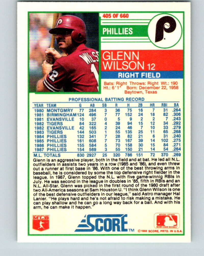 1988 Score #405 Glenn Wilson Mint Philadelphia Phillies Image 2