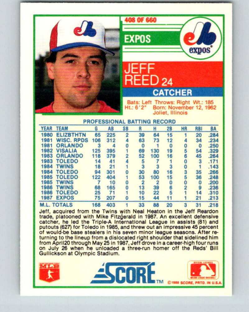 1988 Score #408 Jeff Reed Mint Montreal Expos Image 2