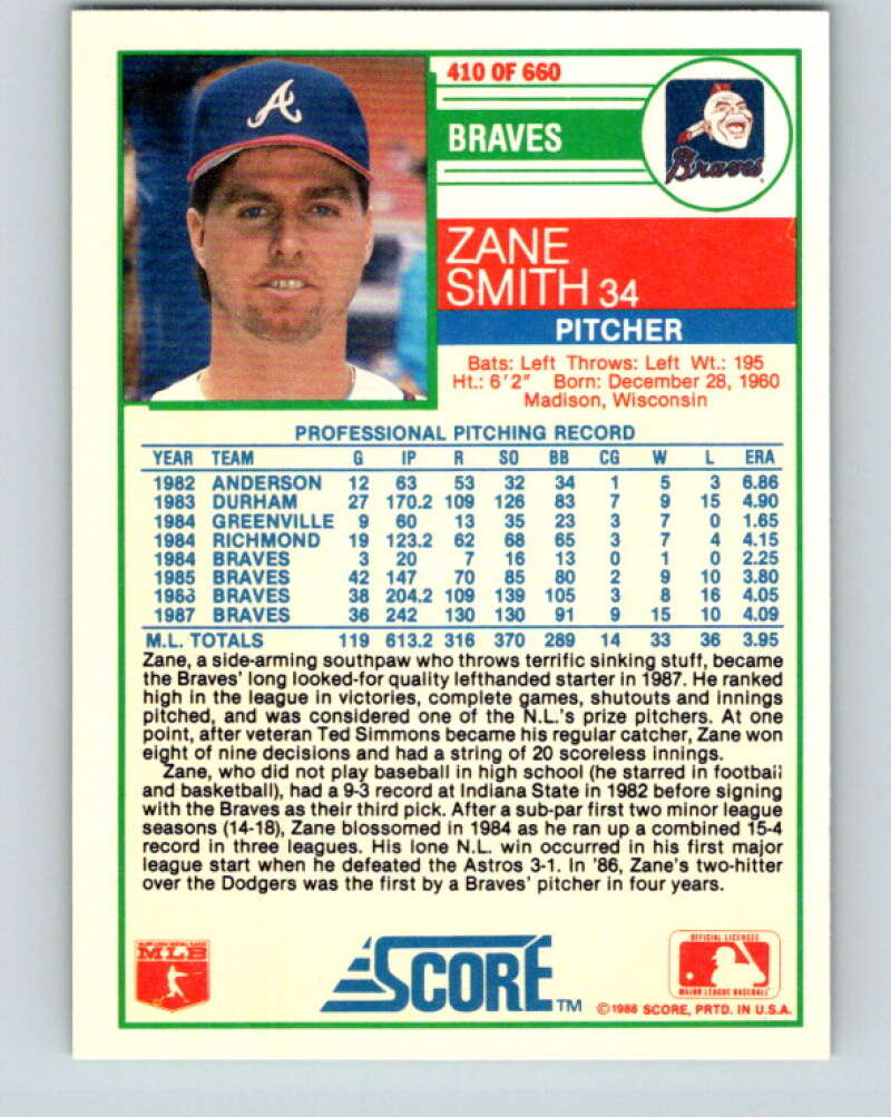 1988 Score #410 Zane Smith Mint Atlanta Braves Image 2