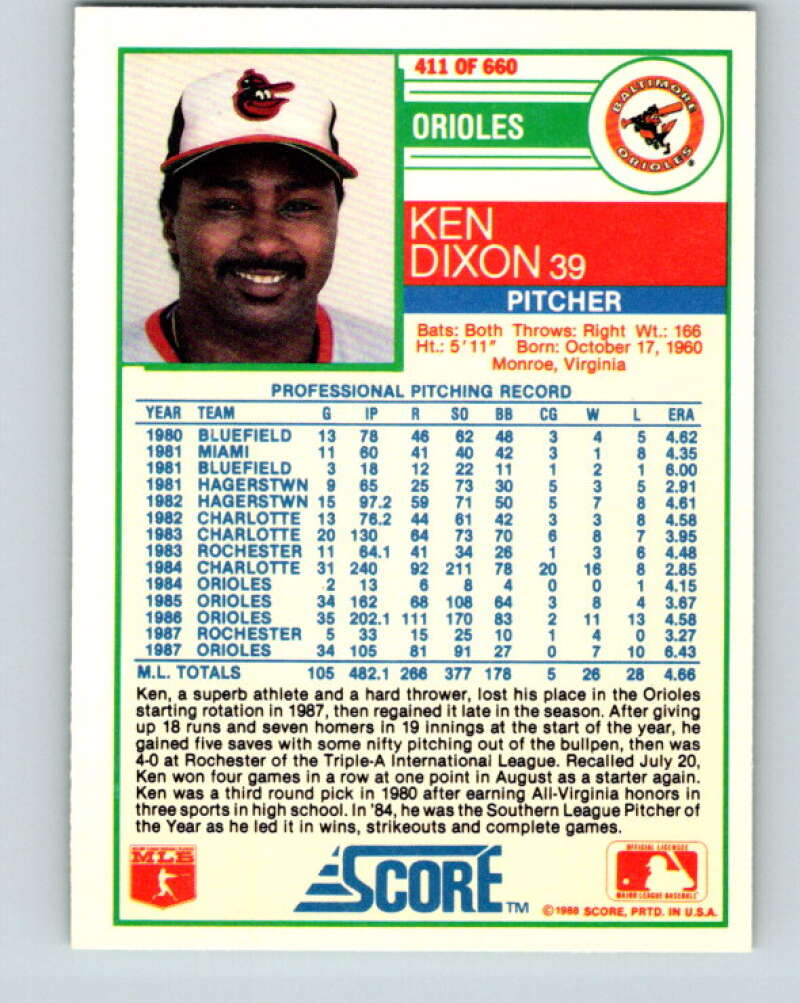 1988 Score #411 Ken Dixon Mint Baltimore Orioles Image 2