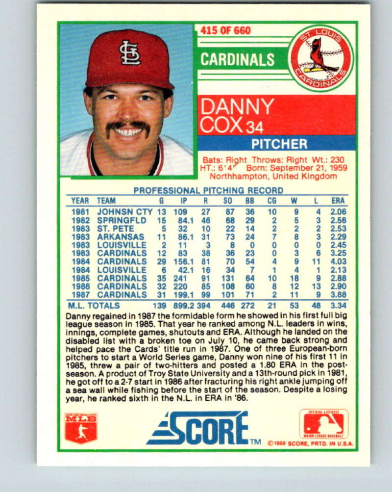 1988 Score #415 Danny Cox Mint St. Louis Cardinals Image 2