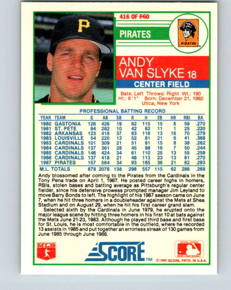 1988 Score #416 Andy Van Slyke Mint Pittsburgh Pirates Image 2