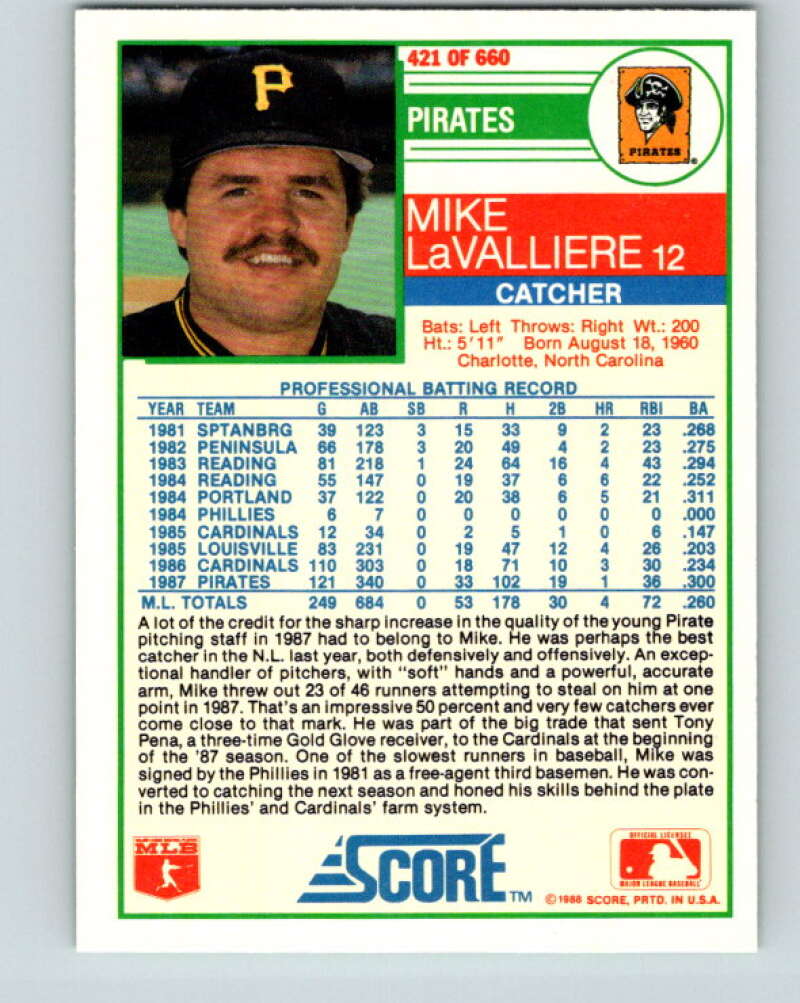 1988 Score #421 Mike LaValliere Mint Pittsburgh Pirates Image 2