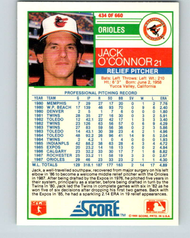 1988 Score #434 Jack O'Connor Mint Baltimore Orioles Image 2