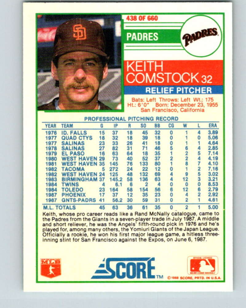 1988 Score #438 Keith Comstock Mint San Diego Padres Image 2