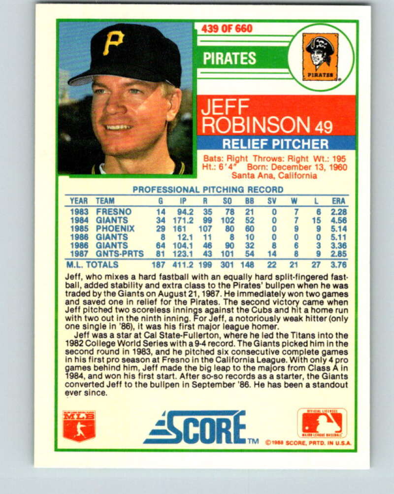 1988 Score #439 Jeff Robinson Mint Pittsburgh Pirates Image 2