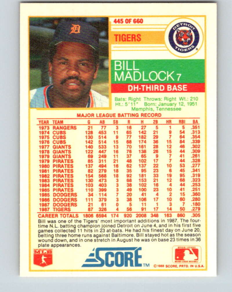 1988 Score #445 Bill Madlock Mint Detroit Tigers Image 2