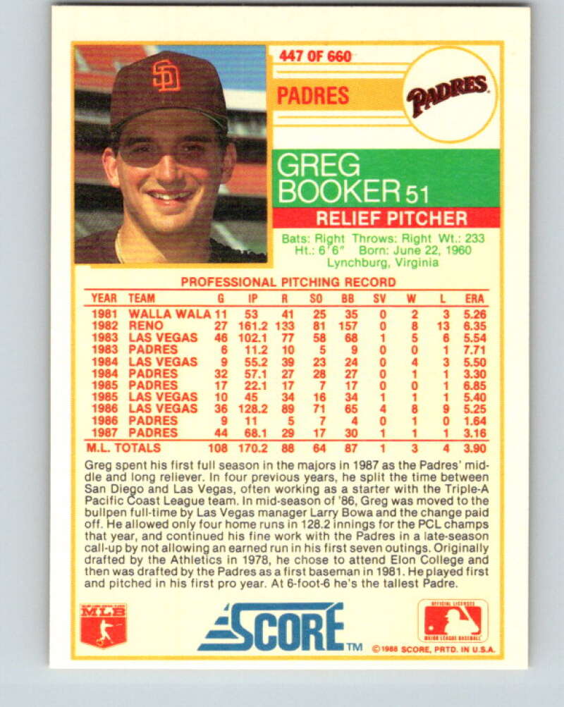 1988 Score #447 Greg Booker Mint San Diego Padres Image 2