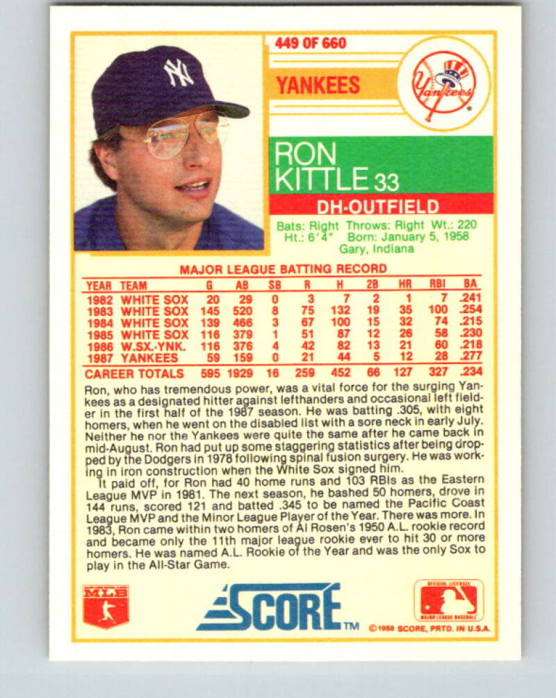 1988 Score #449 Ron Kittle Mint New York Yankees Image 2