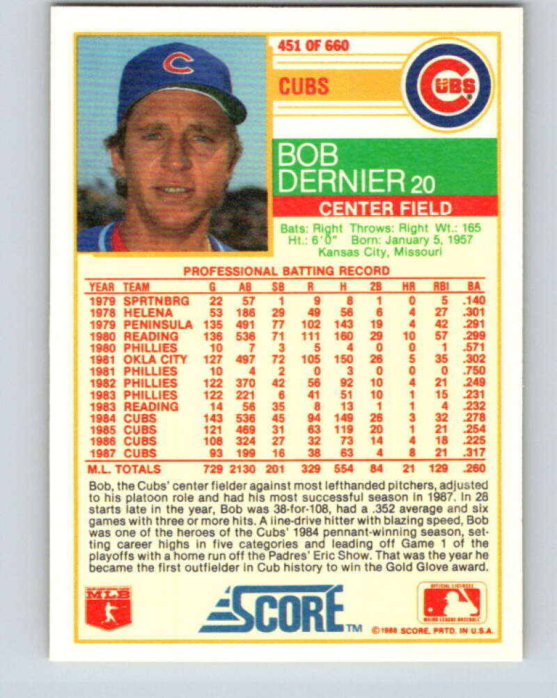 1988 Score #451 Bob Dernier Mint Chicago Cubs Image 2