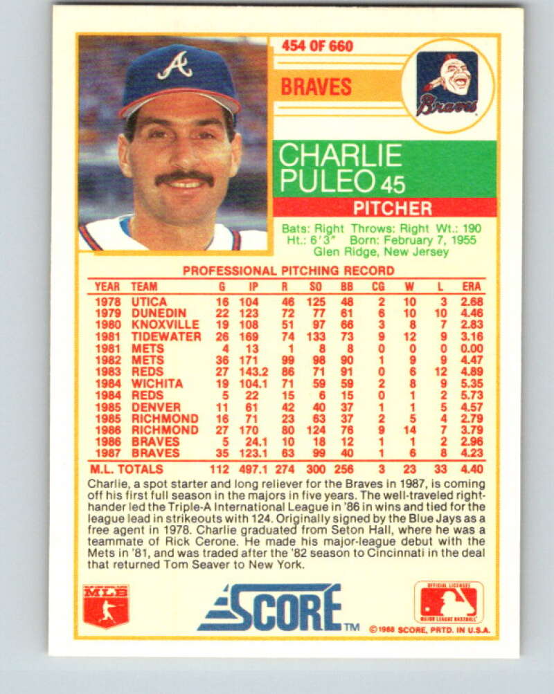 1988 Score #454 Charlie Puleo Mint Atlanta Braves Image 2