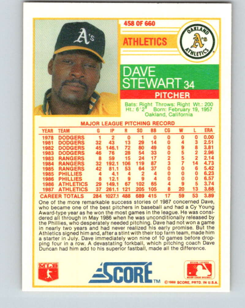 1988 Score #458 Dave Stewart Mint Oakland Athletics Image 2