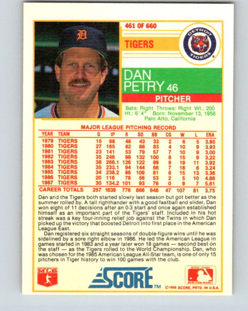 1988 Score #461 Dan Petry Mint Detroit Tigers Image 2