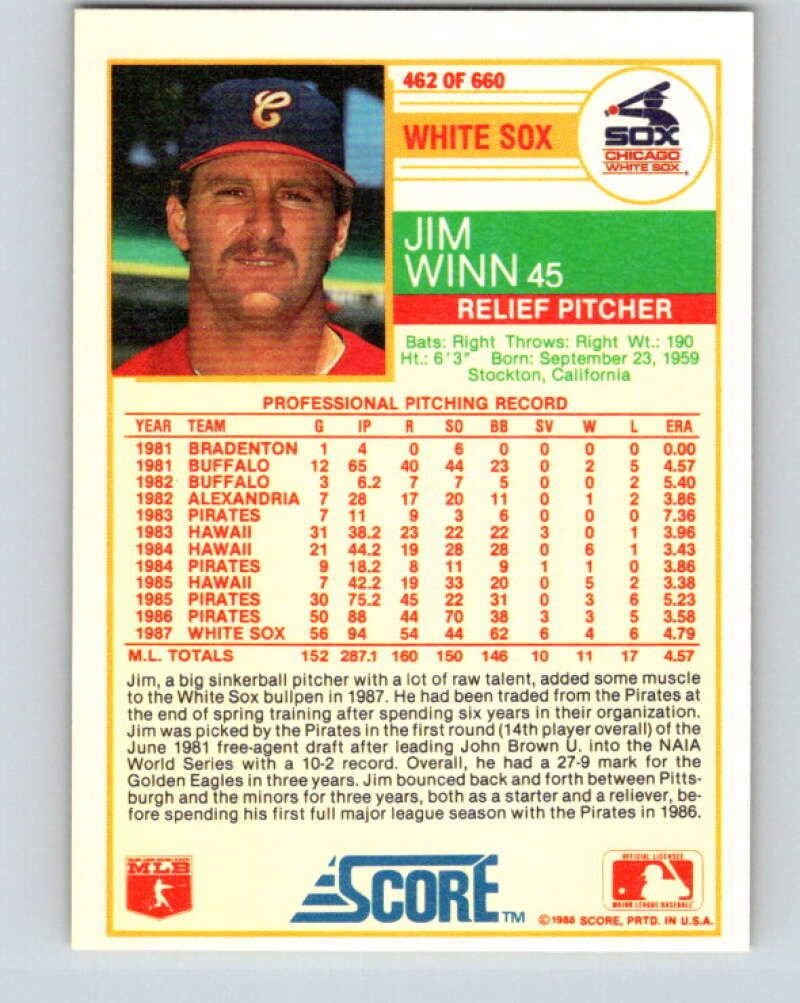 1988 Score #462 Jim Winn Mint Chicago White Sox Image 2