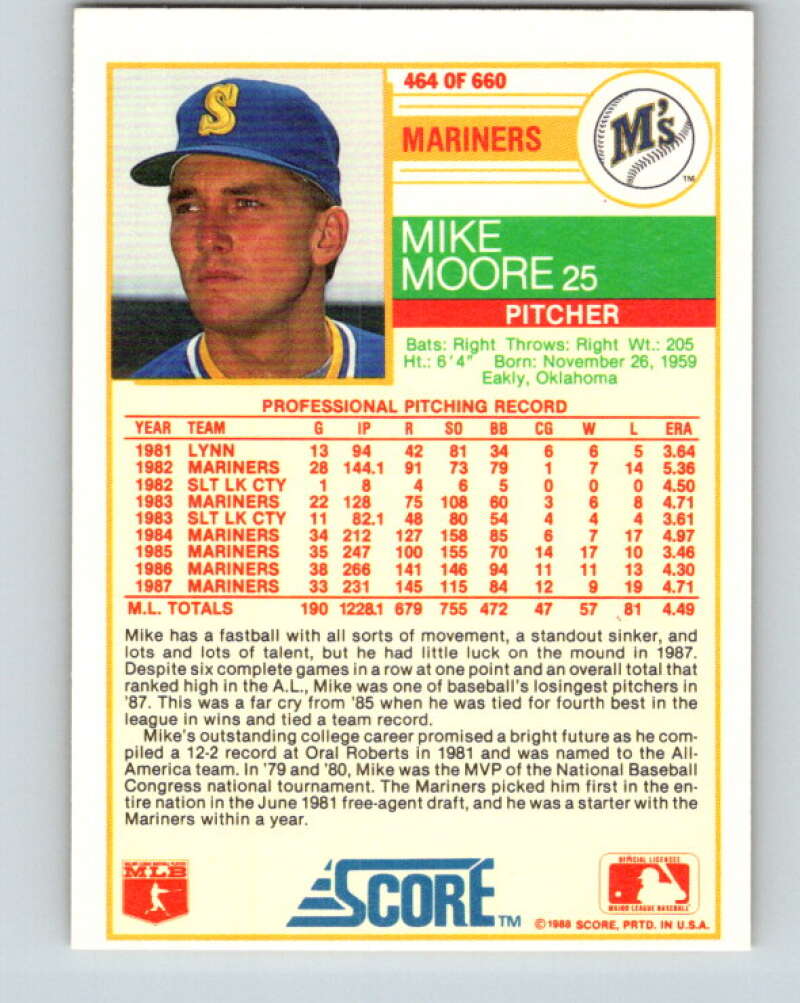 1988 Score #464 Mike Moore Mint Seattle Mariners Image 2