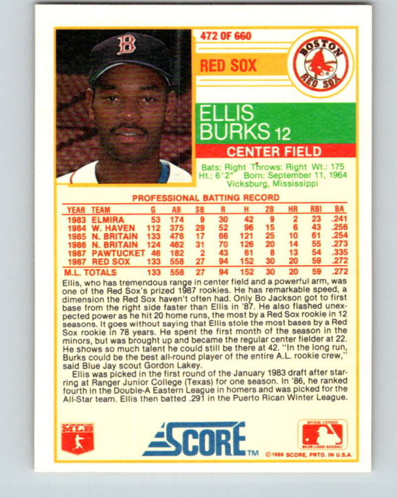 1988 Score #472 Ellis Burks Mint RC Rookie Boston Red Sox Image 2