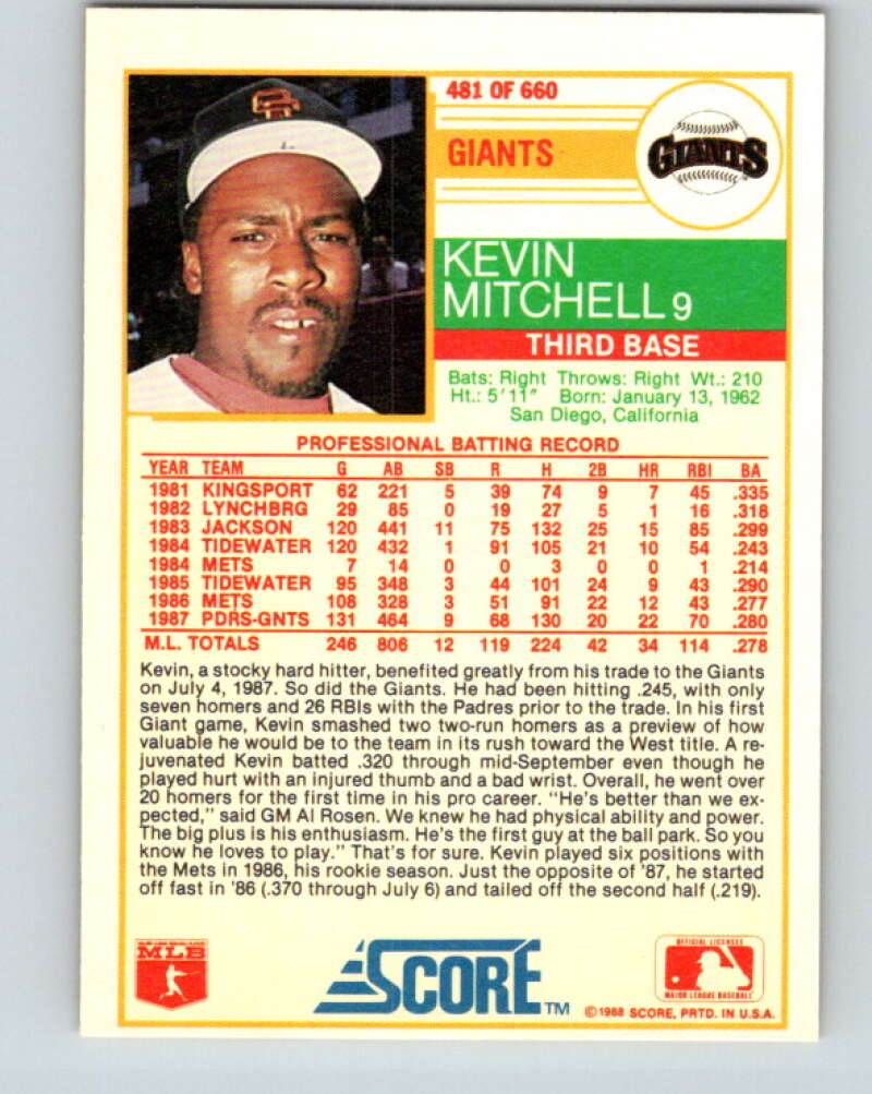 1988 Score #481 Kevin Mitchell Mint San Francisco Giants Image 2