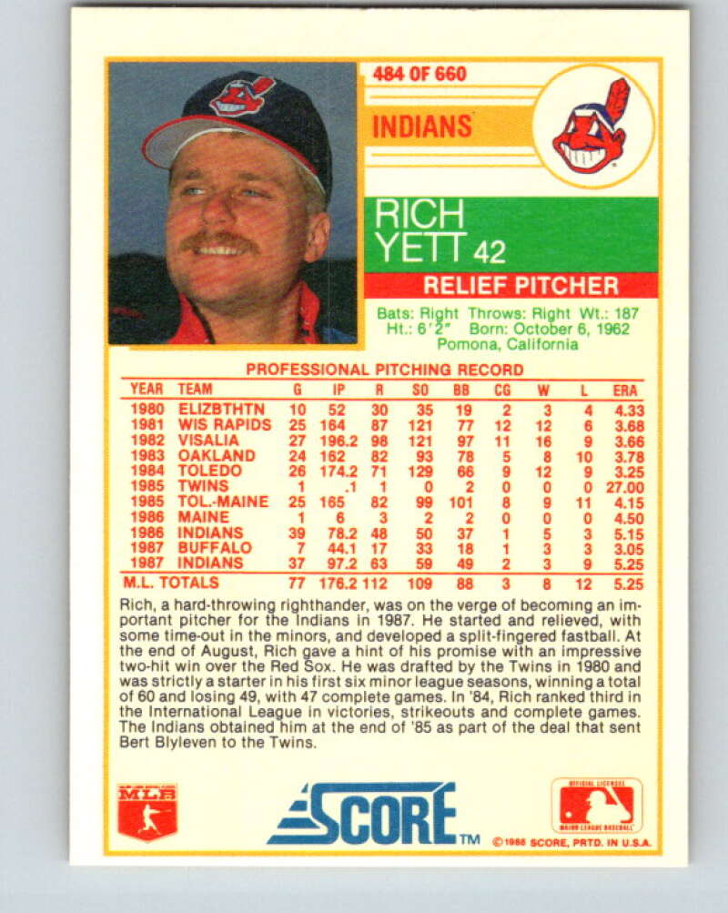 1988 Score #484 Rich Yett Mint Cleveland Indians Image 2