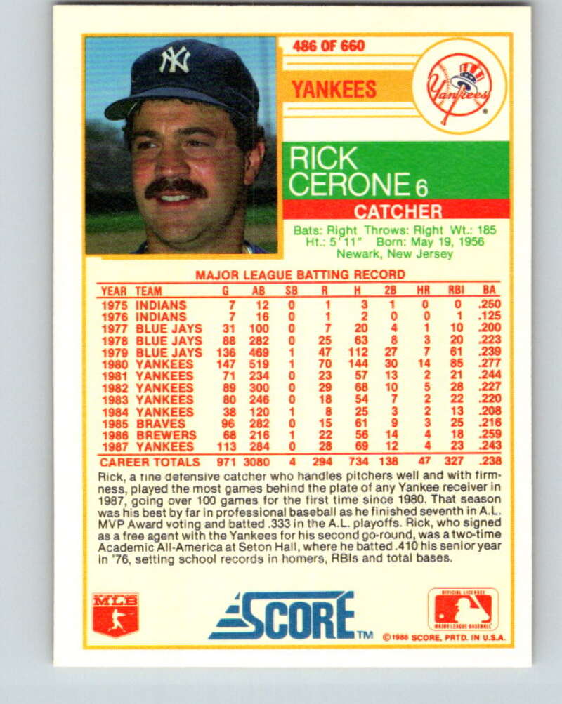 1988 Score #486 Rick Cerone Mint New York Yankees Image 2