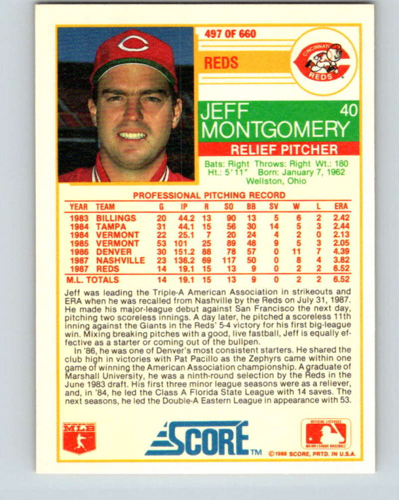 1988 Score #497 Jeff Montgomery Mint RC Rookie Cincinnati Reds Image 2