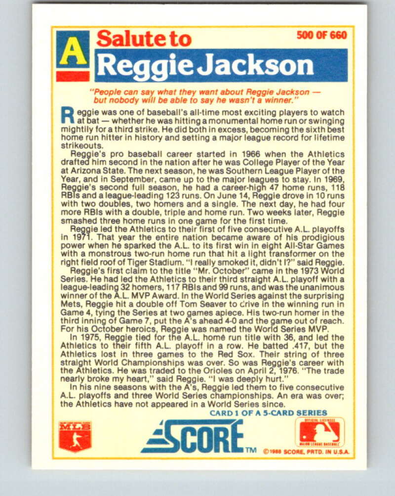 1988 Score #500 Reggie Jackson Special A's Mint Oakland Athletics Image 2