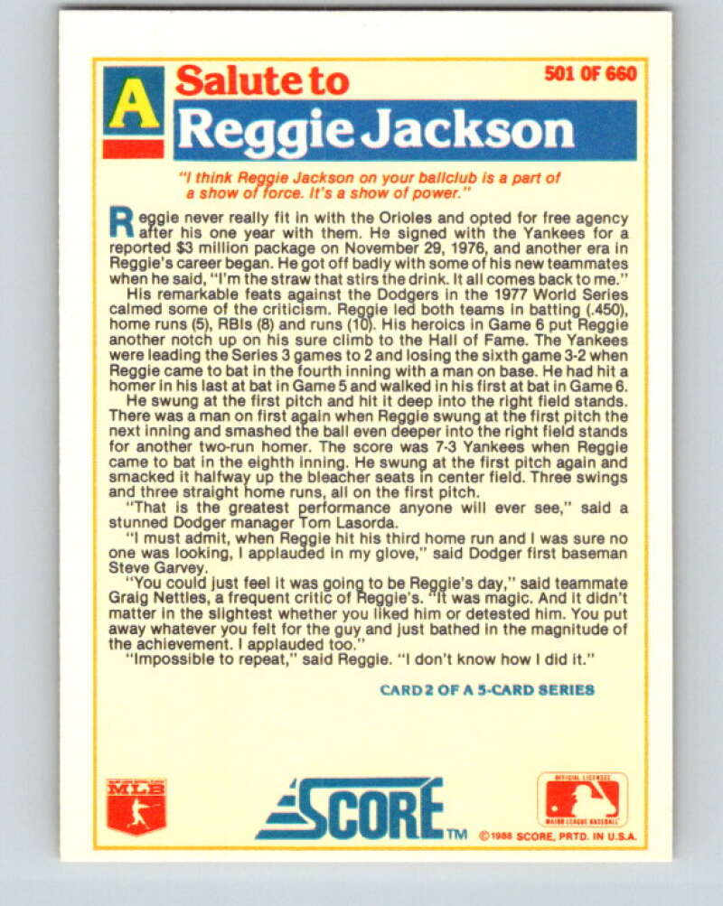 1988 Score #501 Reggie Jackson Special O's Mint Baltimore Orioles Image 2