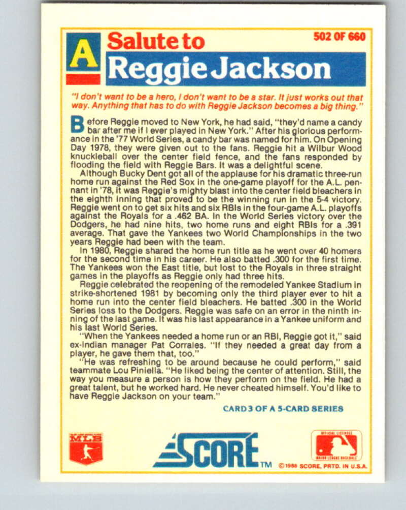 1988 Score #502 Reggie Jackson Special Yankees Mint New York Yankees Image 2