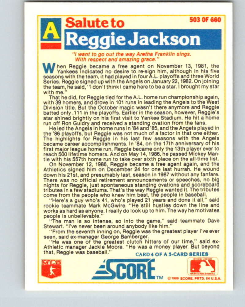 1988 Score #503 Reggie Jackson Special Angles Mint California Angels Image 2